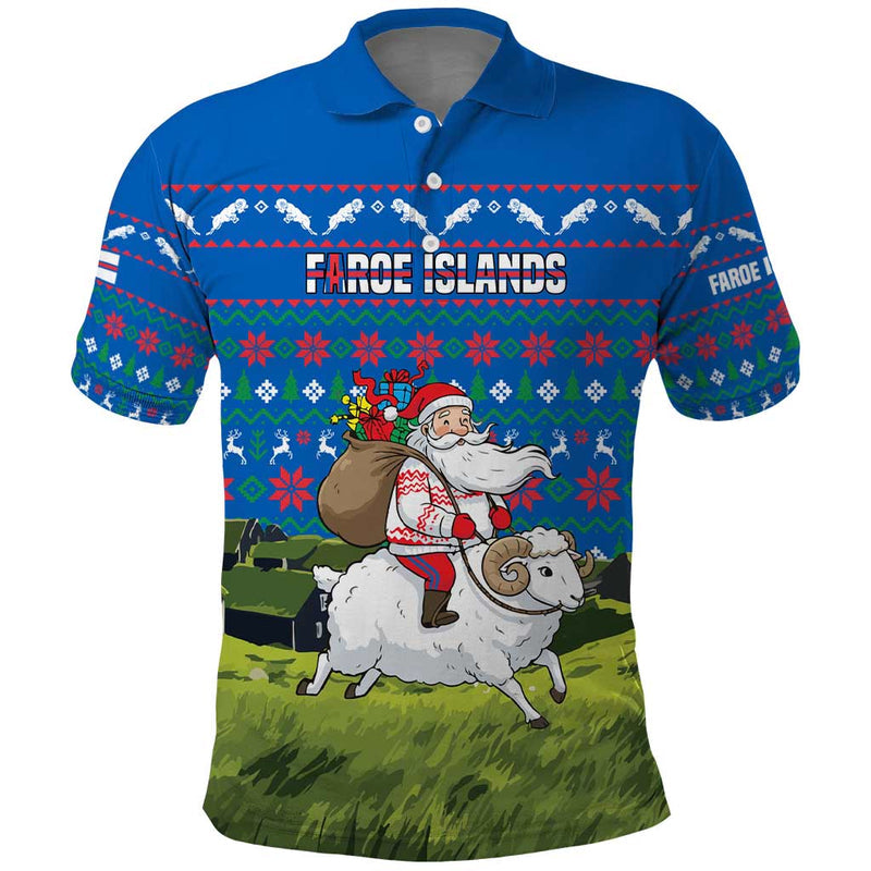 Faroe Islands Christmas With Santa Riding Sheep Grass Roof Houses And Blue Nordic Pattern Design Polo Shirt