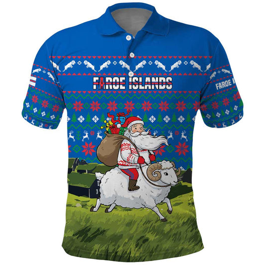 Faroe Islands Christmas With Santa Riding Sheep Grass Roof Houses And Blue Nordic Pattern Design Polo Shirt