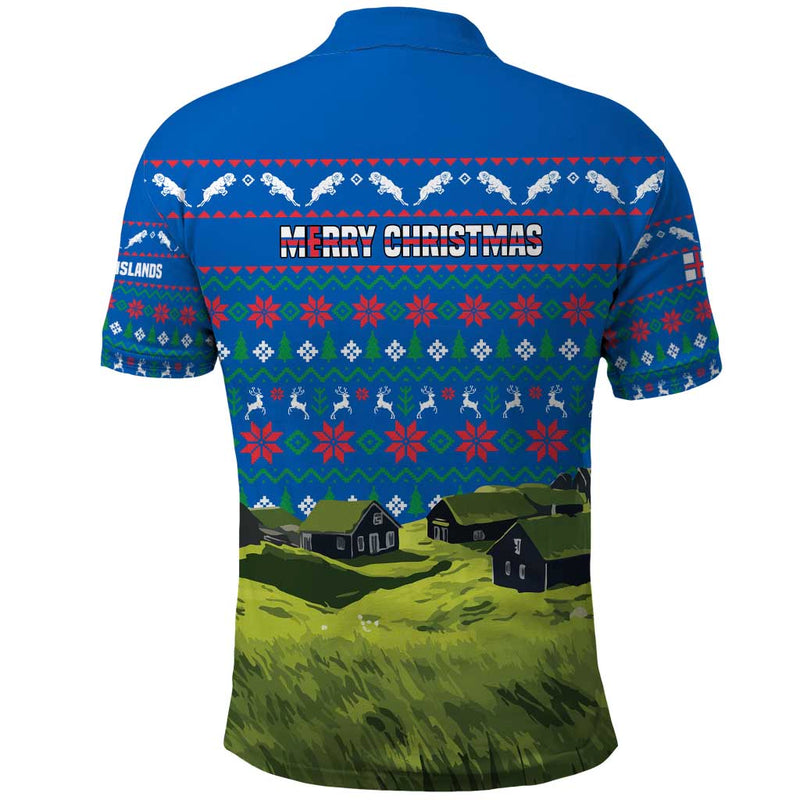 Faroe Islands Christmas With Santa Riding Sheep Grass Roof Houses And Blue Nordic Pattern Design Polo Shirt