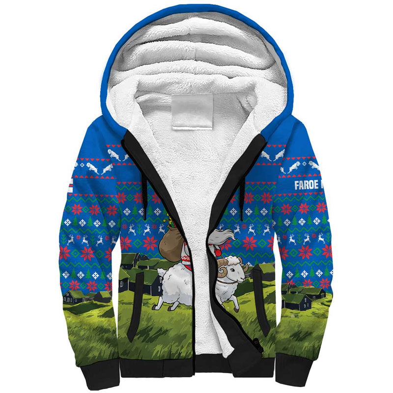 Faroe Islands Christmas With Santa Riding Sheep Grass Roof Houses And Blue Nordic Pattern Design Sherpa Hoodie
