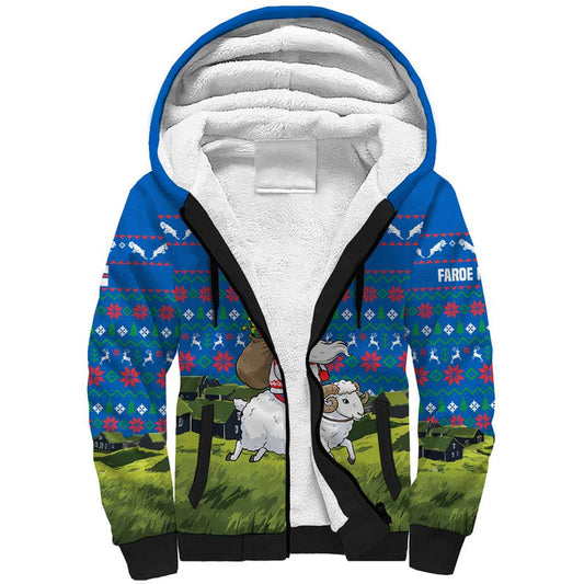 Faroe Islands Christmas With Santa Riding Sheep Grass Roof Houses And Blue Nordic Pattern Design Sherpa Hoodie
