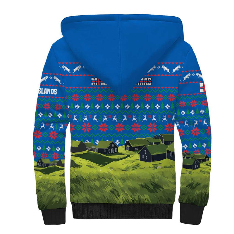 Faroe Islands Christmas With Santa Riding Sheep Grass Roof Houses And Blue Nordic Pattern Design Sherpa Hoodie