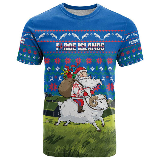 Faroe Islands Christmas With Santa Riding Sheep Grass Roof Houses And Blue Nordic Pattern Design T Shirt