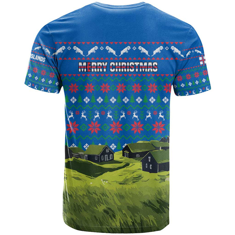 Faroe Islands Christmas With Santa Riding Sheep Grass Roof Houses And Blue Nordic Pattern Design T Shirt