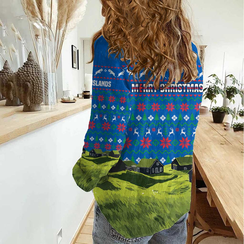 Faroe Islands Christmas With Santa Riding Sheep Grass Roof Houses And Blue Nordic Pattern Design Women Casual Shirt