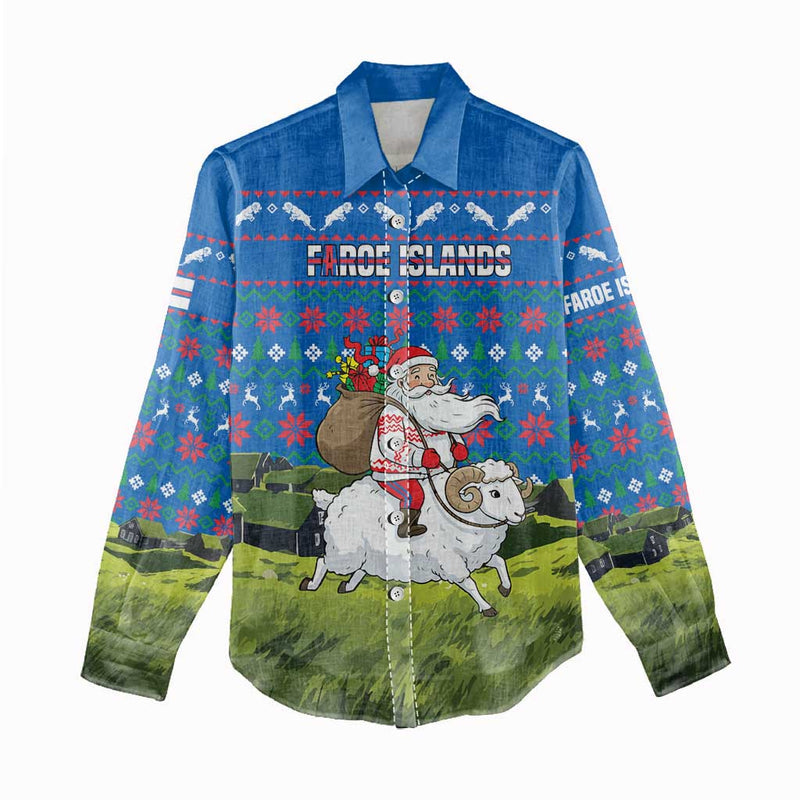 Faroe Islands Christmas With Santa Riding Sheep Grass Roof Houses And Blue Nordic Pattern Design Women Casual Shirt