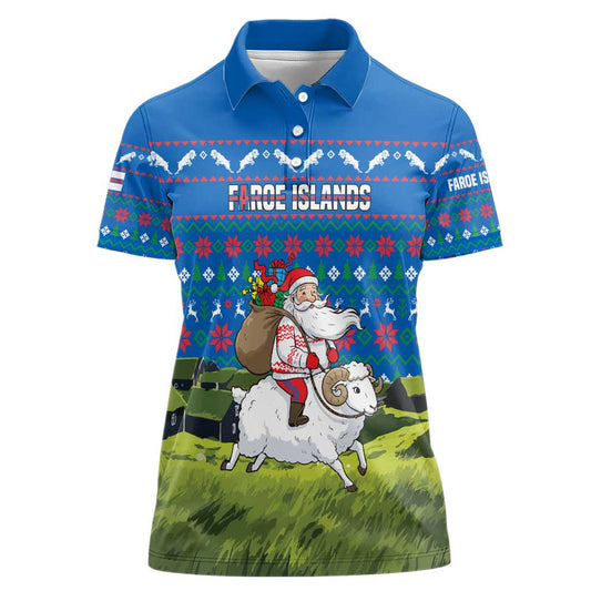 Faroe Islands Christmas With Santa Riding Sheep Grass Roof Houses And Blue Nordic Pattern Design Women Polo Shirt