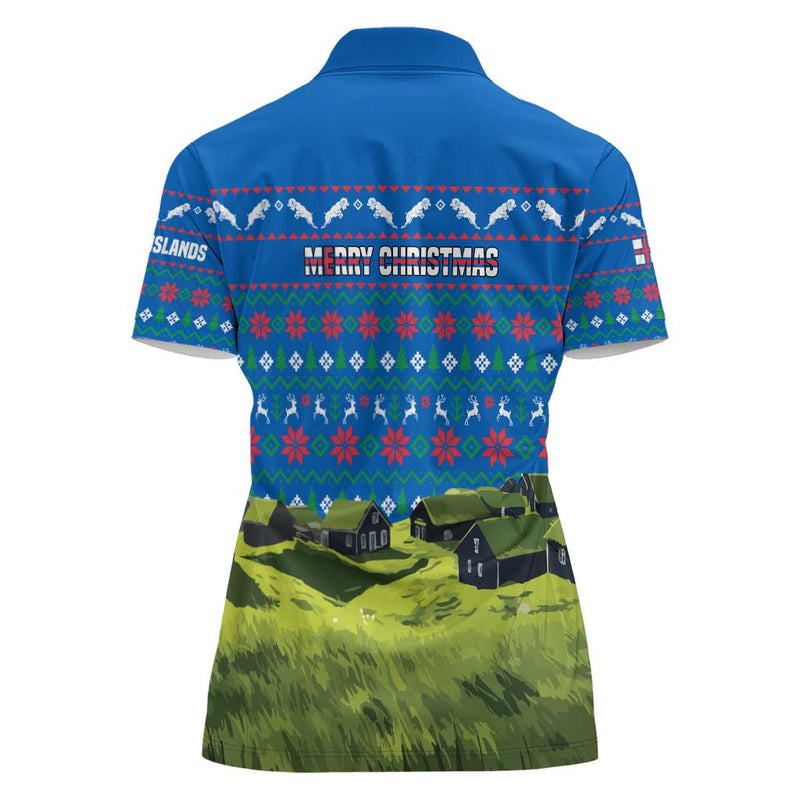 Faroe Islands Christmas With Santa Riding Sheep Grass Roof Houses And Blue Nordic Pattern Design Women Polo Shirt