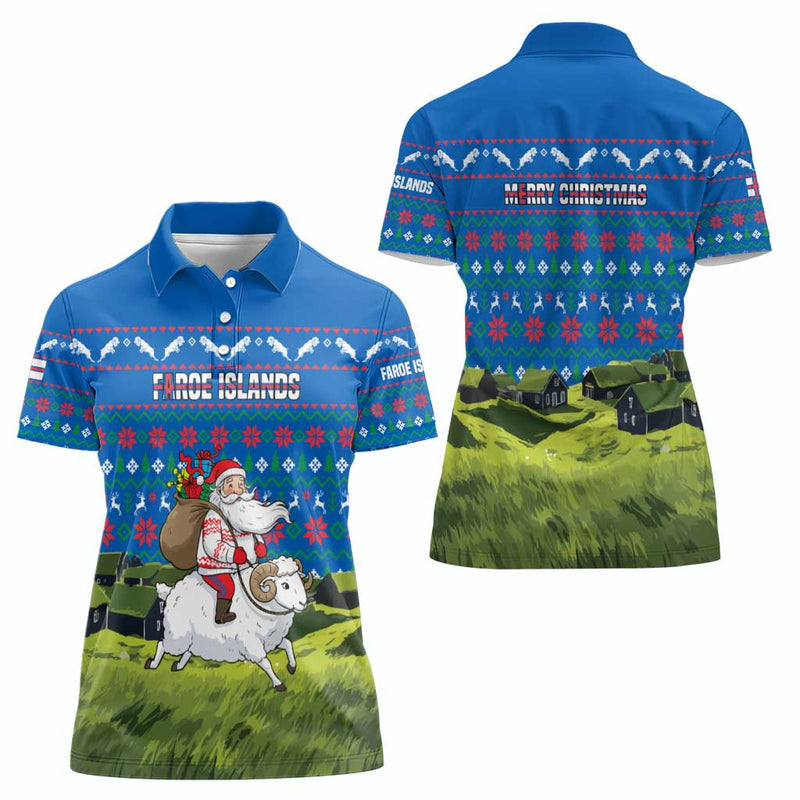 Faroe Islands Christmas With Santa Riding Sheep Grass Roof Houses And Blue Nordic Pattern Design Women Polo Shirt