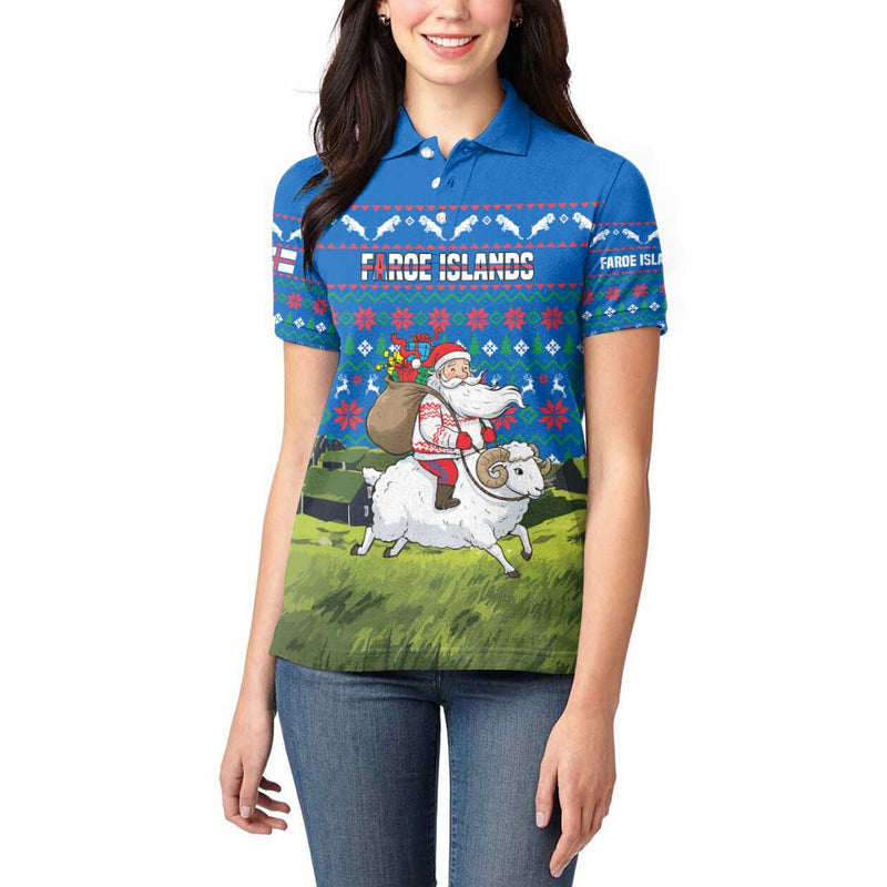 Faroe Islands Christmas With Santa Riding Sheep Grass Roof Houses And Blue Nordic Pattern Design Women Polo Shirt