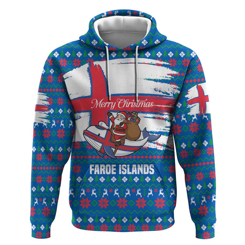 Faroe Islands Christmas With Santa Riding Whale Faroe Flag And Blue Nordic Winter Pattern Design Hoodie