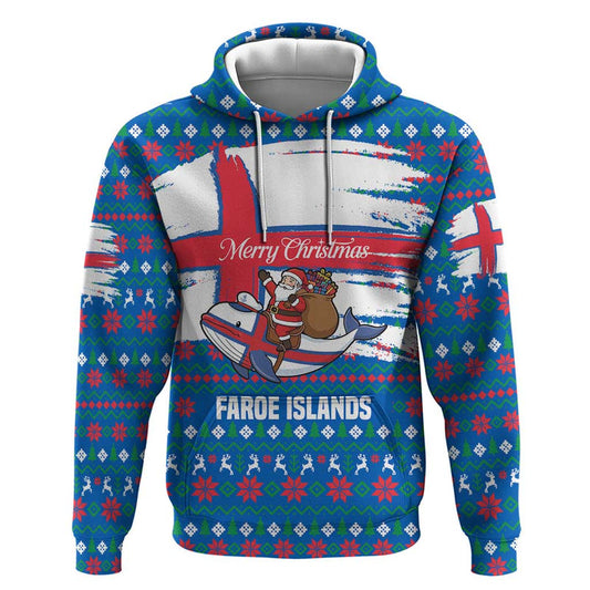 Faroe Islands Christmas With Santa Riding Whale Faroe Flag And Blue Nordic Winter Pattern Design Hoodie