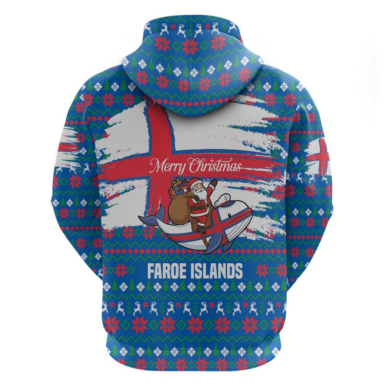 Faroe Islands Christmas With Santa Riding Whale Faroe Flag And Blue Nordic Winter Pattern Design Hoodie