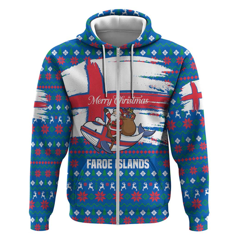 Faroe Islands Christmas With Santa Riding Whale Faroe Flag And Blue Nordic Winter Pattern Design Hoodie
