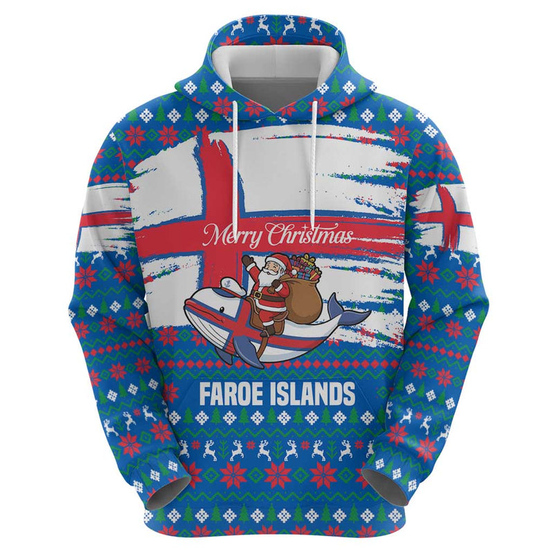 Faroe Islands Christmas With Santa Riding Whale Faroe Flag And Blue Nordic Winter Pattern Design Hoodie