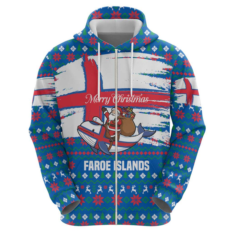 Faroe Islands Christmas With Santa Riding Whale Faroe Flag And Blue Nordic Winter Pattern Design Hoodie