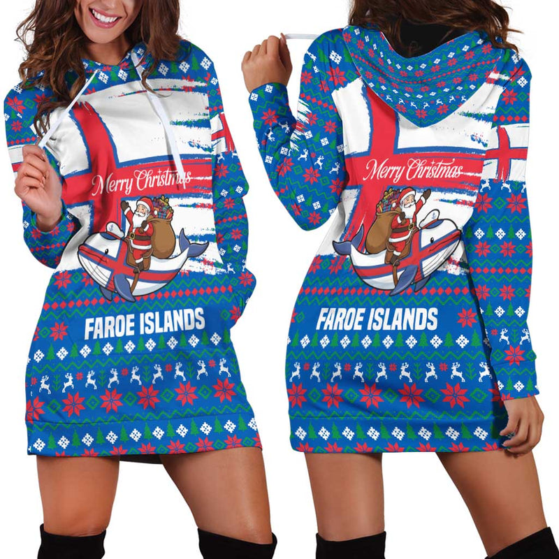 Faroe Islands Christmas With Santa Riding Whale Faroe Flag And Blue Nordic Winter Pattern Design Hoodie Dress
