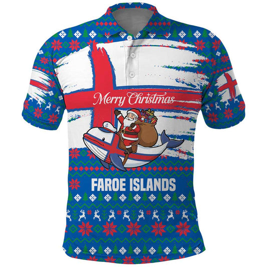 Faroe Islands Christmas With Santa Riding Whale Faroe Flag And Blue Nordic Winter Pattern Design Polo Shirt