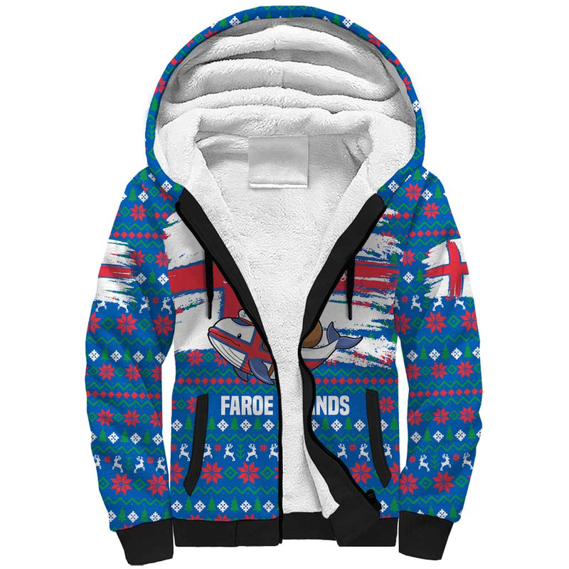 Faroe Islands Christmas With Santa Riding Whale Faroe Flag And Blue Nordic Winter Pattern Design Sherpa Hoodie