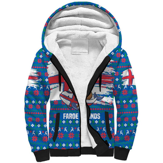 Faroe Islands Christmas With Santa Riding Whale Faroe Flag And Blue Nordic Winter Pattern Design Sherpa Hoodie