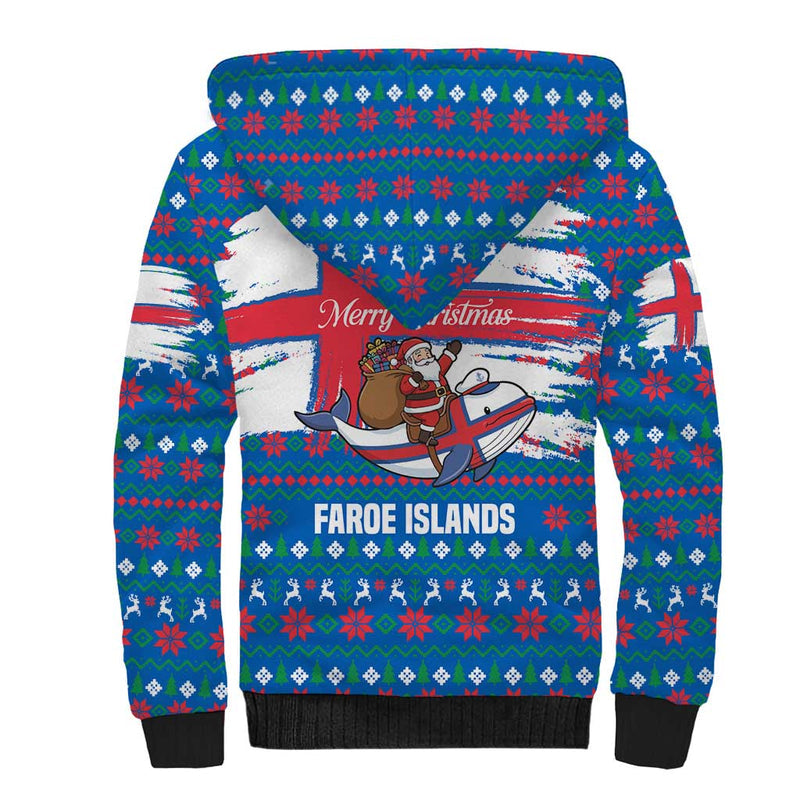 Faroe Islands Christmas With Santa Riding Whale Faroe Flag And Blue Nordic Winter Pattern Design Sherpa Hoodie