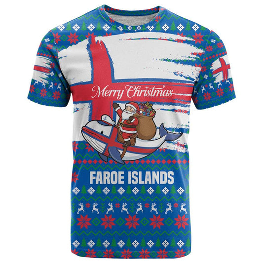 Faroe Islands Christmas With Santa Riding Whale Faroe Flag And Blue Nordic Winter Pattern Design T Shirt