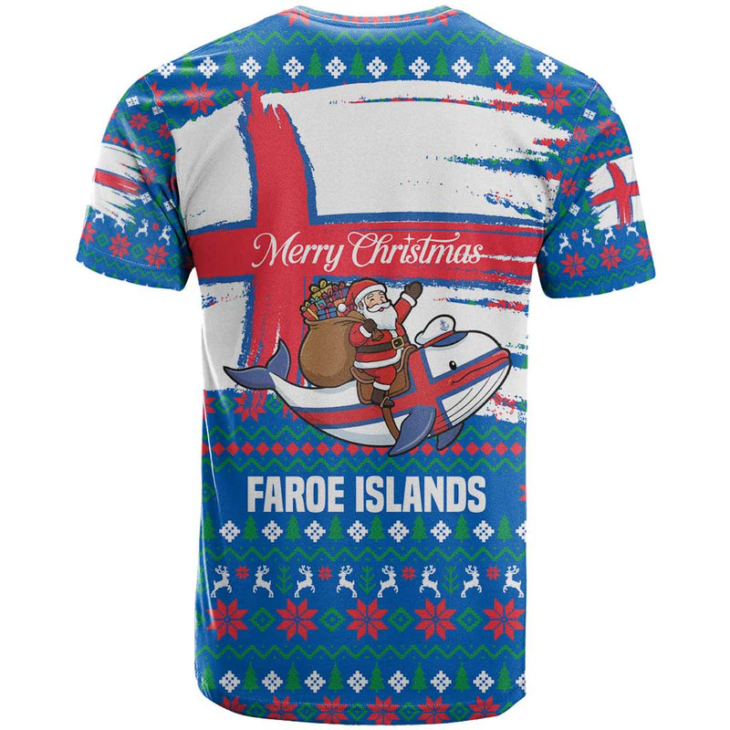 Faroe Islands Christmas With Santa Riding Whale Faroe Flag And Blue Nordic Winter Pattern Design T Shirt