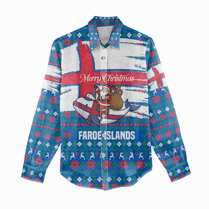 Faroe Islands Christmas With Santa Riding Whale Faroe Flag And Blue Nordic Winter Pattern Design Women Casual Shirt