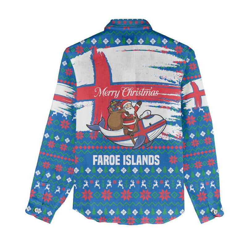 Faroe Islands Christmas With Santa Riding Whale Faroe Flag And Blue Nordic Winter Pattern Design Women Casual Shirt