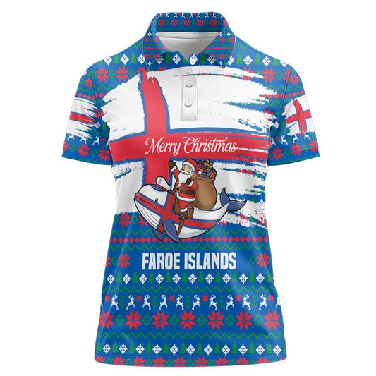 Faroe Islands Christmas With Santa Riding Whale Faroe Flag And Blue Nordic Winter Pattern Design Women Polo Shirt