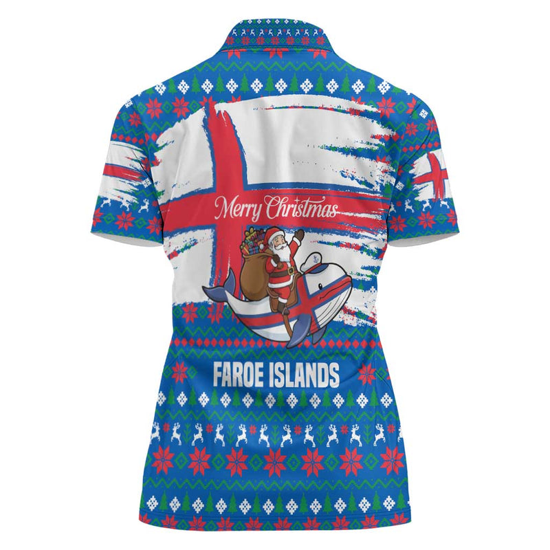 Faroe Islands Christmas With Santa Riding Whale Faroe Flag And Blue Nordic Winter Pattern Design Women Polo Shirt