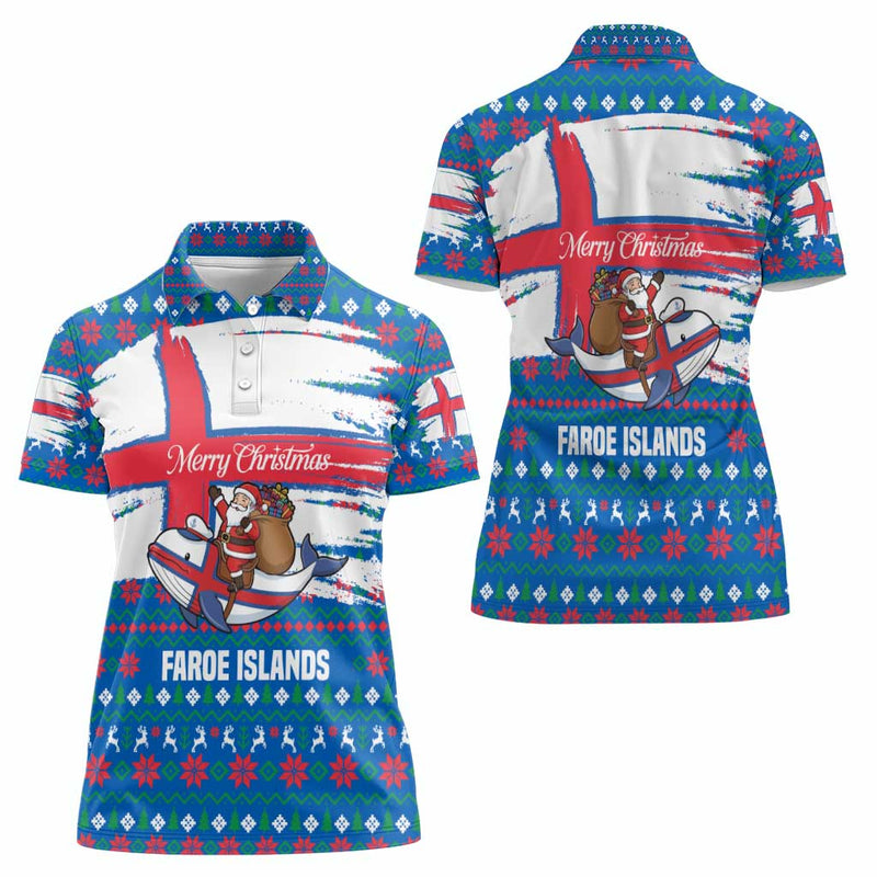 Faroe Islands Christmas With Santa Riding Whale Faroe Flag And Blue Nordic Winter Pattern Design Women Polo Shirt