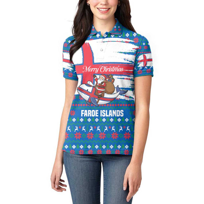 Faroe Islands Christmas With Santa Riding Whale Faroe Flag And Blue Nordic Winter Pattern Design Women Polo Shirt