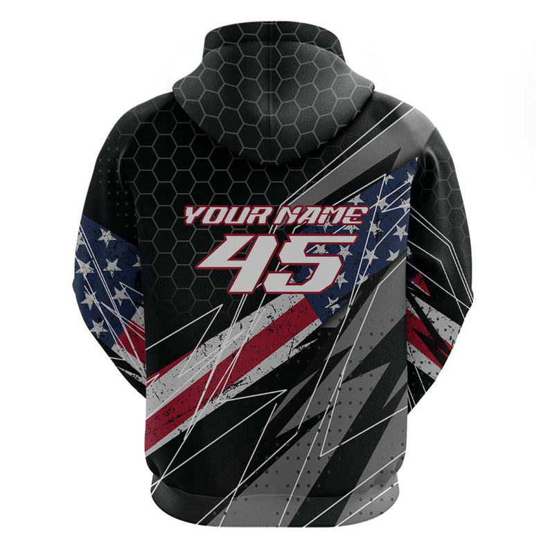 Custom Bike Shirt Racing Motocross American Flag and Black Hexagon Lightning Graphic Design Hoodie