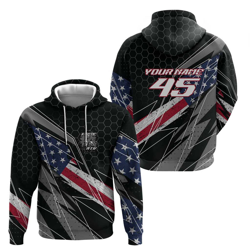 Custom Bike Shirt Racing Motocross American Flag and Black Hexagon Lightning Graphic Design Hoodie