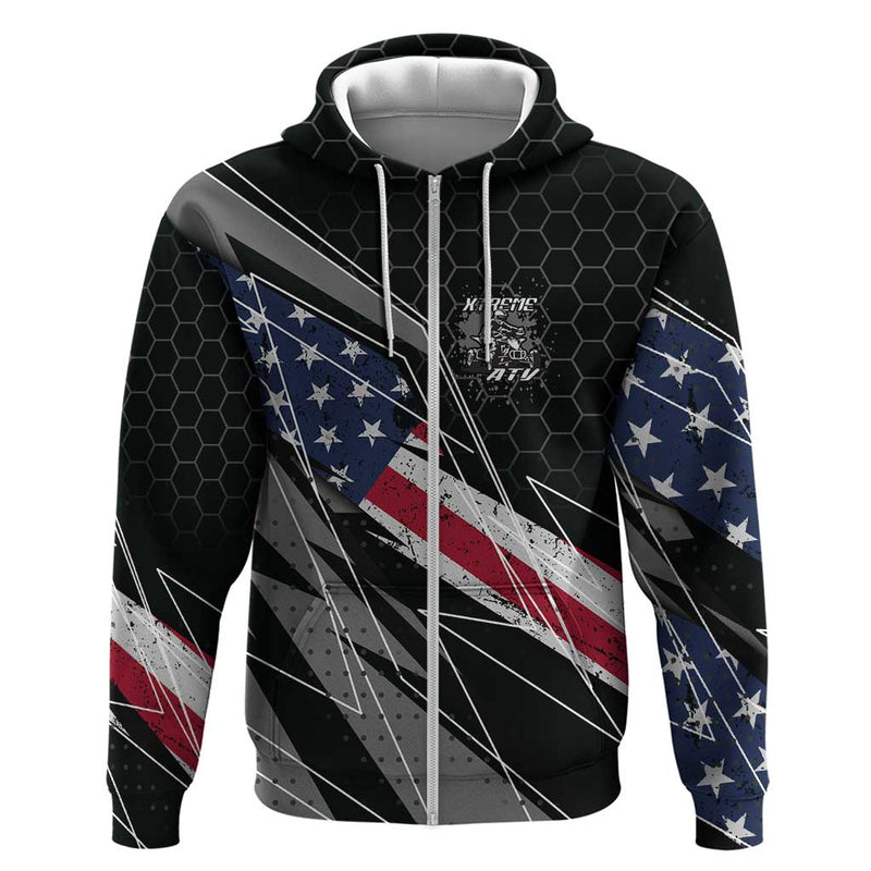 Custom Bike Shirt Racing Motocross American Flag and Black Hexagon Lightning Graphic Design Hoodie