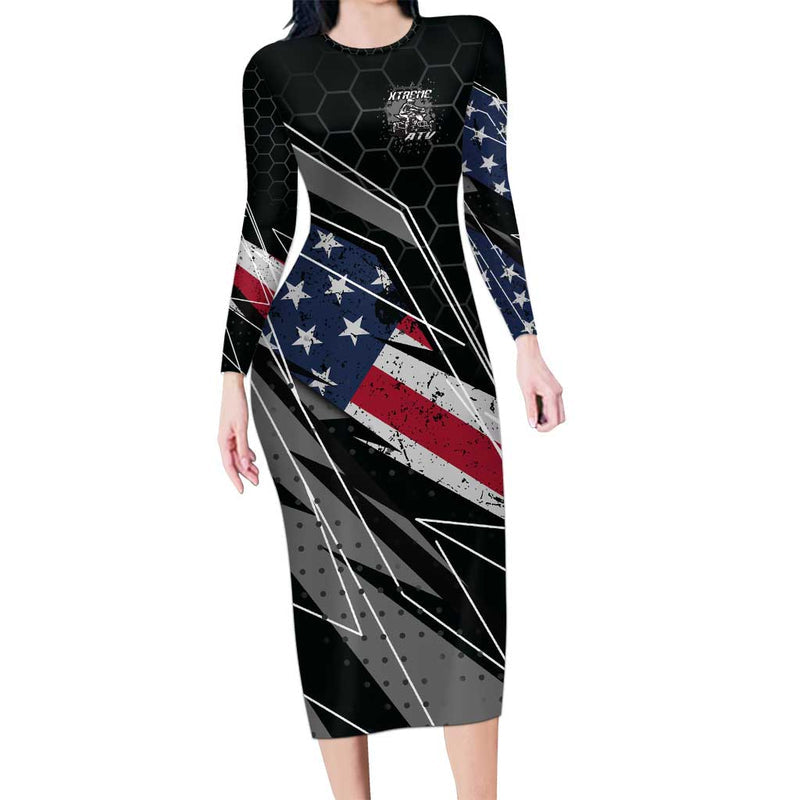 Custom Bike Shirt Racing Motocross American Flag And Black Hexagon Lightning Graphic Design Long Sleeve Bodycon Dress