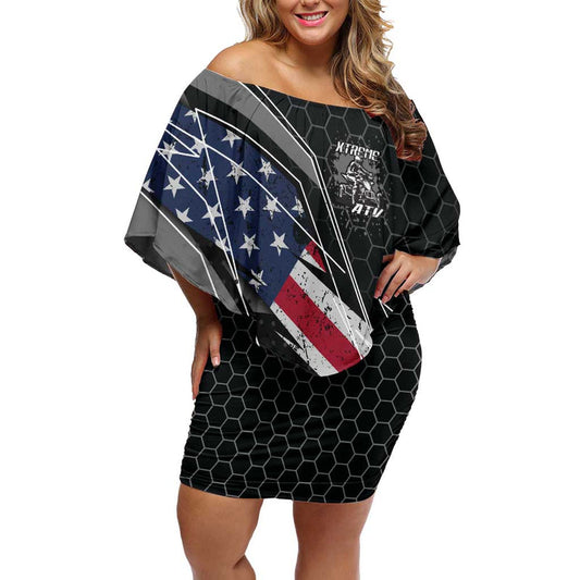 Custom Bike Shirt Racing Motocross American Flag And Black Hexagon Lightning Graphic Design Off Shoulder Short Dress