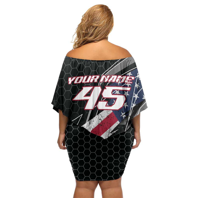 Custom Bike Shirt Racing Motocross American Flag And Black Hexagon Lightning Graphic Design Off Shoulder Short Dress