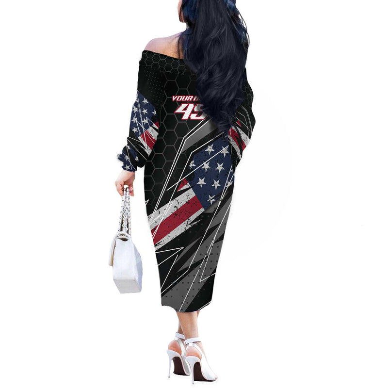 Custom Bike Shirt Racing Motocross American Flag And Black Hexagon Lightning Graphic Design Off The Shoulder Long Sleeve Dress