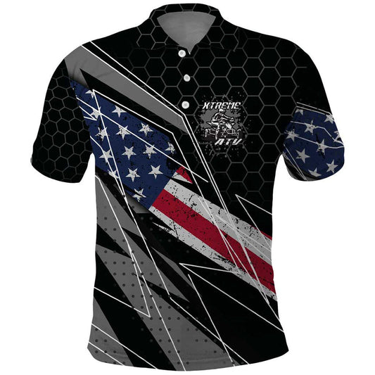 Custom Bike Shirt Racing Motocross American Flag and Black Hexagon Lightning Graphic Design Polo Shirt