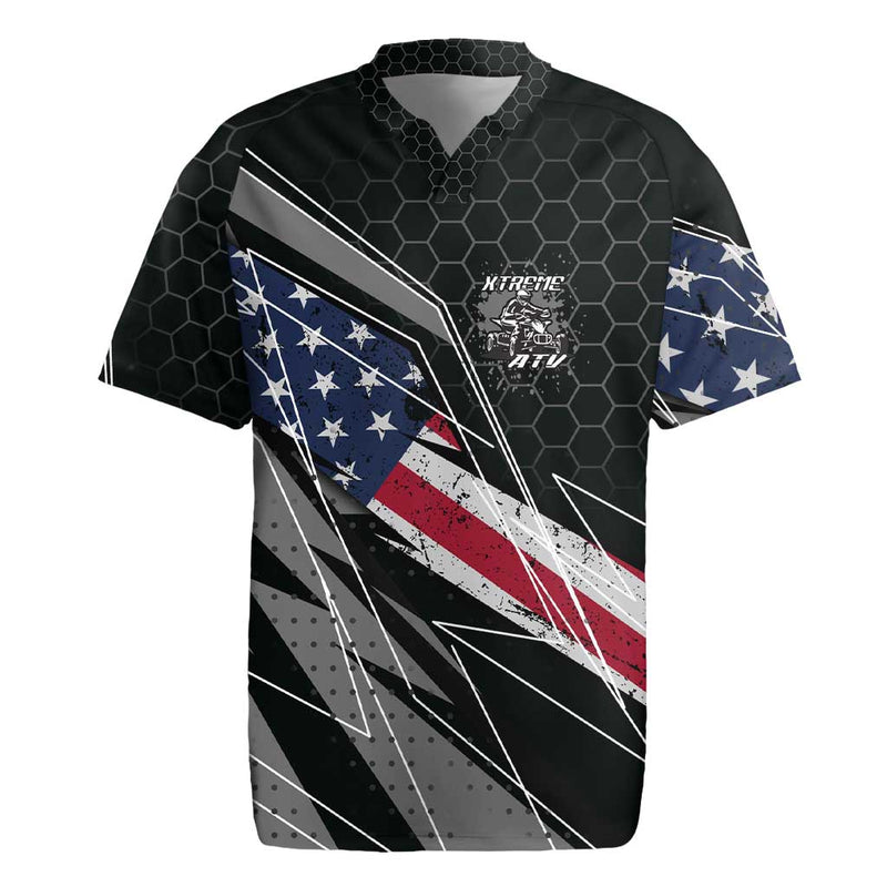 Custom Bike Shirt Racing Motocross American Flag And Black Hexagon Lightning Graphic Design Rugby Jersey