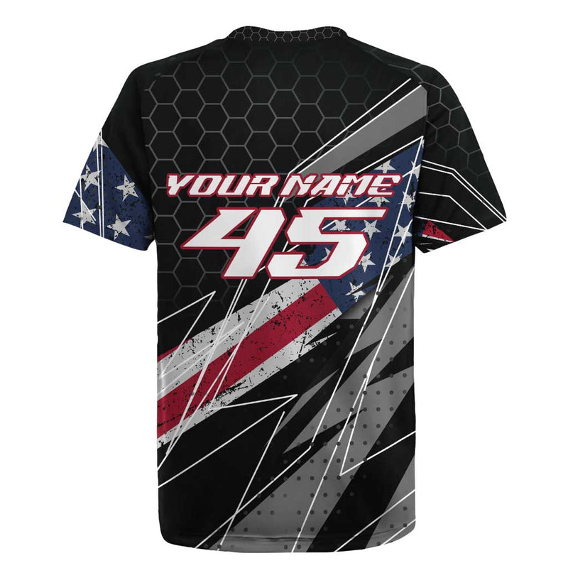 Custom Bike Shirt Racing Motocross American Flag And Black Hexagon Lightning Graphic Design Rugby Jersey