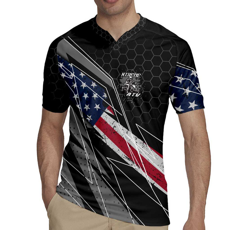 Custom Bike Shirt Racing Motocross American Flag And Black Hexagon Lightning Graphic Design Rugby Jersey