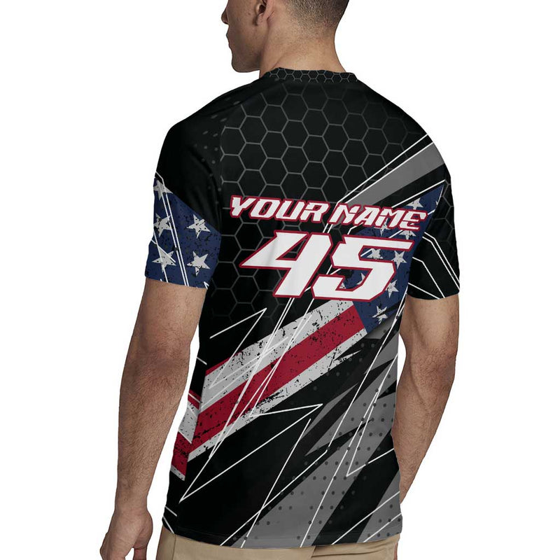 Custom Bike Shirt Racing Motocross American Flag And Black Hexagon Lightning Graphic Design Rugby Jersey