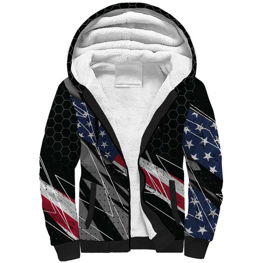 Custom Bike Shirt Racing Motocross American Flag and Black Hexagon Lightning Graphic Design Sherpa Hoodie
