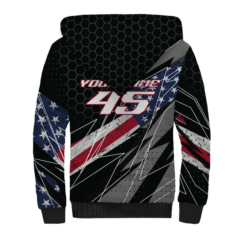 Custom Bike Shirt Racing Motocross American Flag and Black Hexagon Lightning Graphic Design Sherpa Hoodie