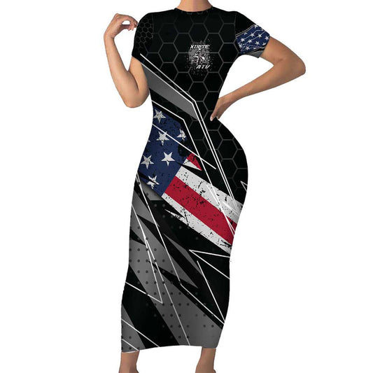 Custom Bike Shirt Racing Motocross American Flag And Black Hexagon Lightning Graphic Design Short Sleeve Bodycon Dress