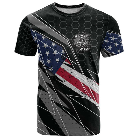 Custom Bike Shirt Racing Motocross American Flag and Black Hexagon Lightning Graphic Design T Shirt