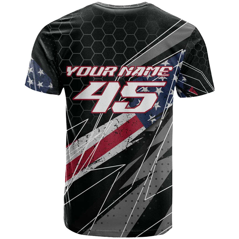 Custom Bike Shirt Racing Motocross American Flag and Black Hexagon Lightning Graphic Design T Shirt